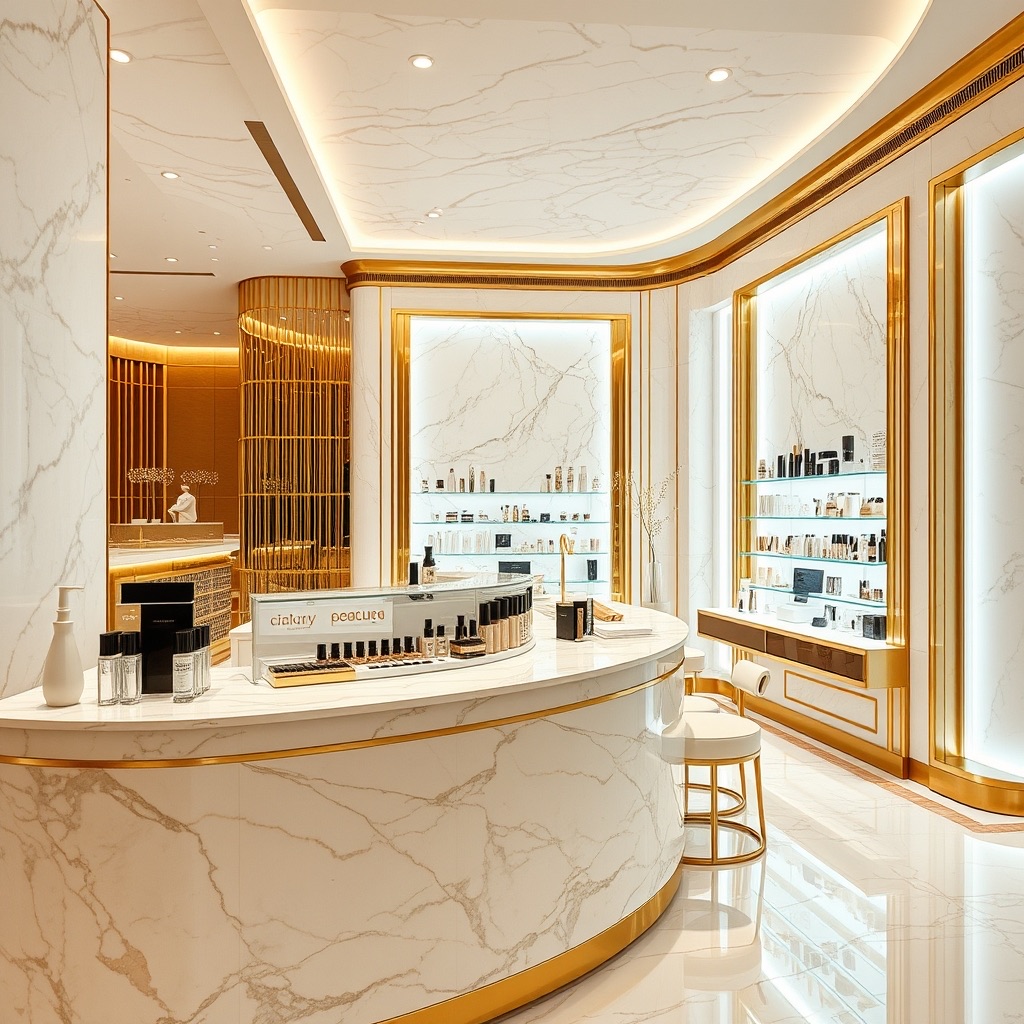 Aura Beauty Group luxury boutique counter in marble and champagne gold