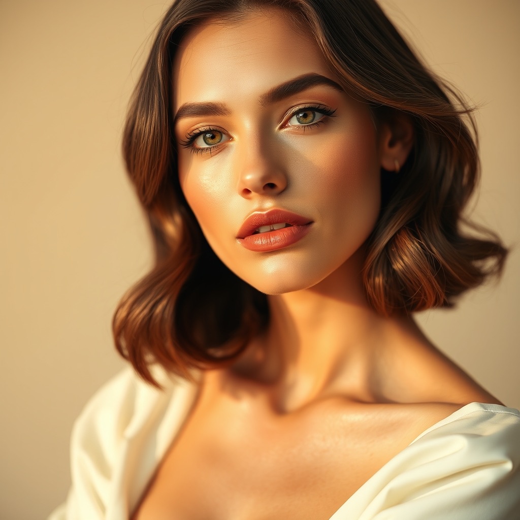 Radiant close-up beauty portrait in warm champagne light